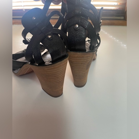 Sigerson Morrison Women’s Greek Black Leather Wood Heel Sandals - Picture 5 of 16